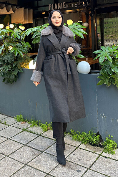 Ovn. Palton Elysia cu blană pe guler - Antracit