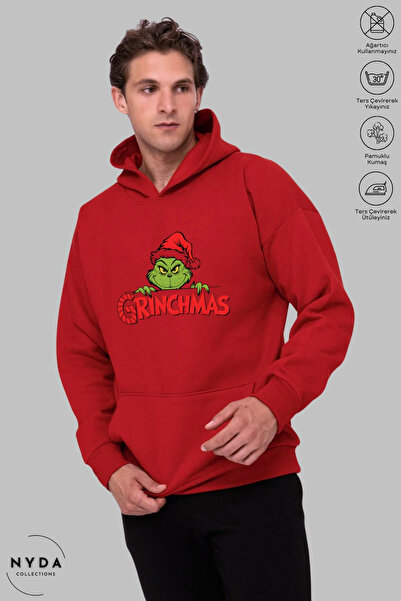 Nyda Collections Unisex Hoodie Long Sleeve Grinchmas Printed Hooded Fleece-Lined Oversized Cotton Sweatshirt