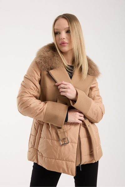 ŞEYDA ERTEM Tan Color Short Fur Trimmed Puffer Coat