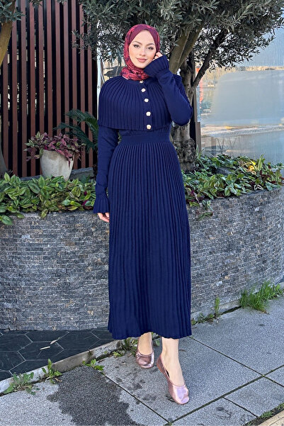 Ovn. Pelerinli İki Parça Triko Elbise - Lacivert