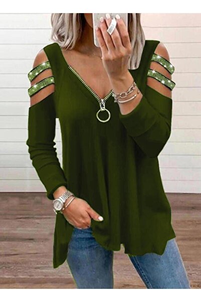 GENCULUS Women's Khaki Sleeves Stone Embroidered Long Sleeve Zippered Viscose...