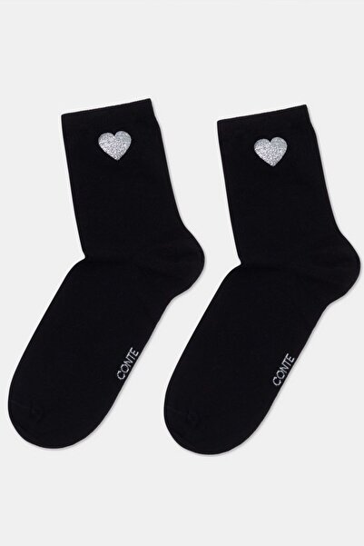 Conte Elegant Women's cotton socks with glitter heart print, Conte Classic 427 - White, 38-39 (25)