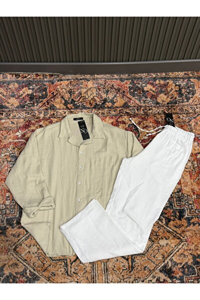 NO 601 Men's Beige Muslin Shirt & White Muslin Linen Pants Set