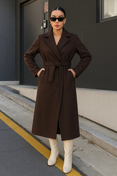 comstar Γυναικείο παλτό Trend Basic Long διπλό πέτο Brown Cashmere