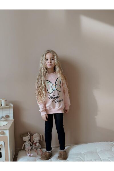 Patriko Girls' Ribbed Mini Text Detail Sports Sweatshirt Leggings 2-Ply Bottom Top Set