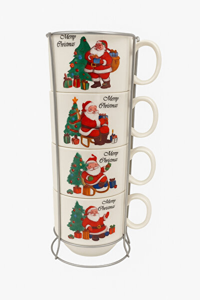 OEM Set de 4 căni ceramice cu suport – model Moș Crăciun și brad, Crăciun fericit
