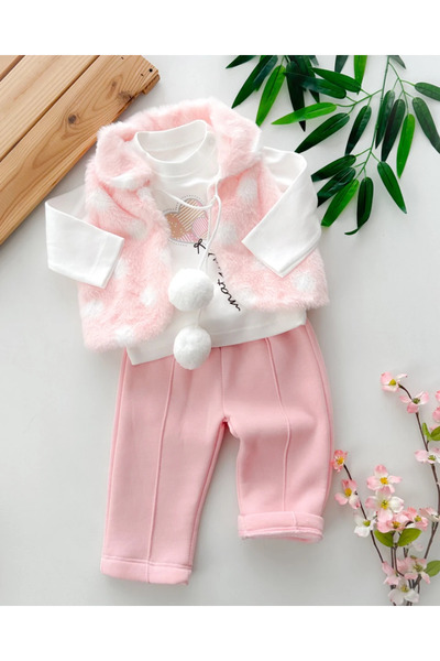 hümabebe Winter 3-Piece Set with Large Spotted Fur and Vest Set Pompom Rope Ties