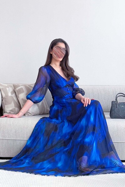 Opera Fashion فستان شيفون أزرق طويل