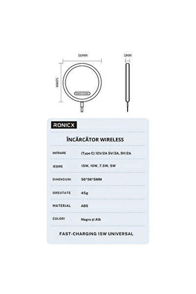 RONIC X Wireless Charger, RonicX, Magsafe Technology, 15W Fast Charging, Universal Compatibility