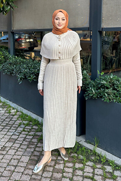 Ovn. Pelerinli İki Parça Triko Elbise - Bej