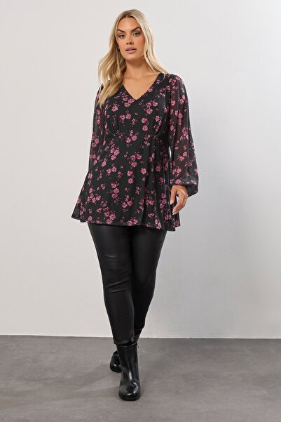 Stil Diva Plus Size V-Neck Long Sleeve Tulle Detailed Lined Blouse 322995