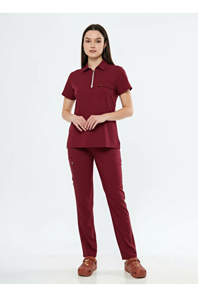 Class Üniforma Polo Yaka Bordo Medikal Hemşire Doktor Üniforma Scrubs Üniforma Kadın