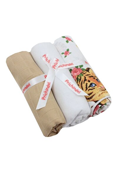 PRICHINDEL Set of 3 diapers, cream muslin and flannel, cotton, Little Tiger white, 75x70cm, multicolor