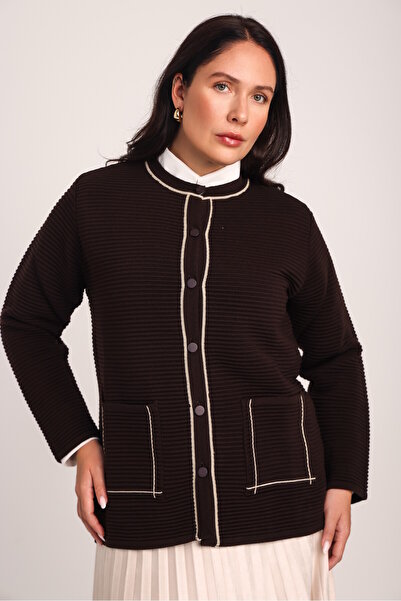 Uludağ Triko Women's Brown Striped Woven Detailed Pocketed Knitwear Knitted Cardigan