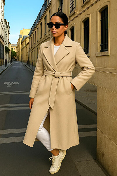 comstar Γυναικείο παλτό Trend Basic Long διπλό πέτο Cream Cashmere