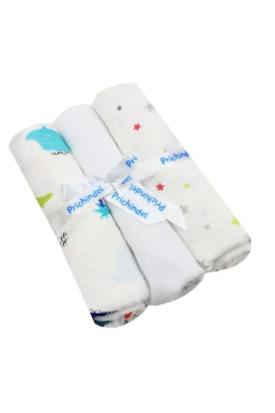 PRICHINDEL Set de 3 scutece din muselină și flanel, dinozauri și stele, bumba...