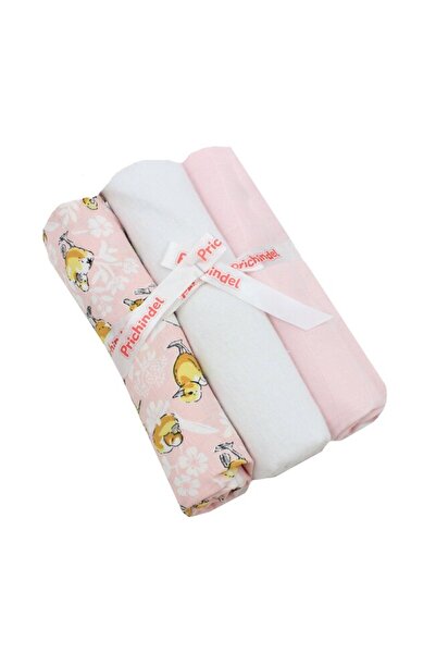 PRICHINDEL Set de 3 scutece, Rățuște, muselină roz și flanel, bumbac, 75 x 70 cm