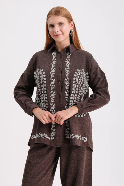 Hatun Atila Embroidered Hera Fabric Double Suit 7671 Brown
