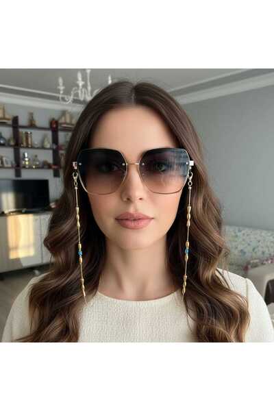 Ralp Moda سلسلة نظارات ذهبية اللون مزينة بخرز العين الشريرة مع حزام قناع بتصم...