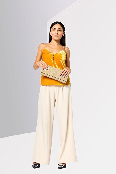 PİNKO Women V Neck Sleeveless Metallic Tank Top, Mustard