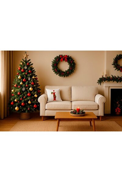 MİNOZA Digital Printed Red Letter I Decorative Throw Pillow Cover with Christmas Pine Decoration
