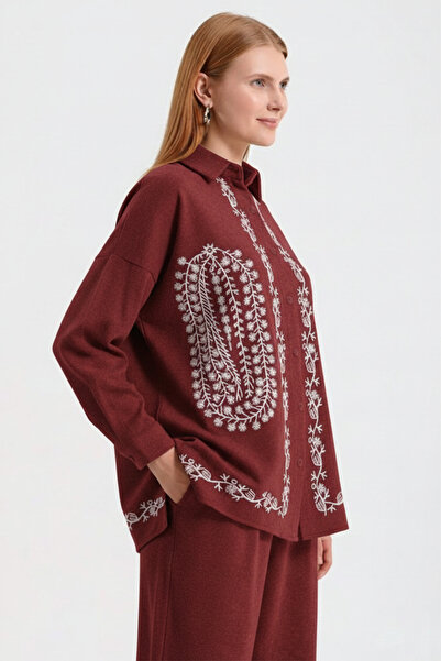 Hatun Atila Embroidered Hera Fabric Double Suit 7671 Burgundy