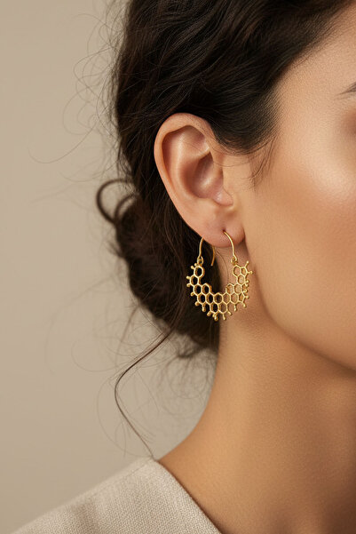 Clandestino Honeycomb Patterned Modern Brass Earrings Gold