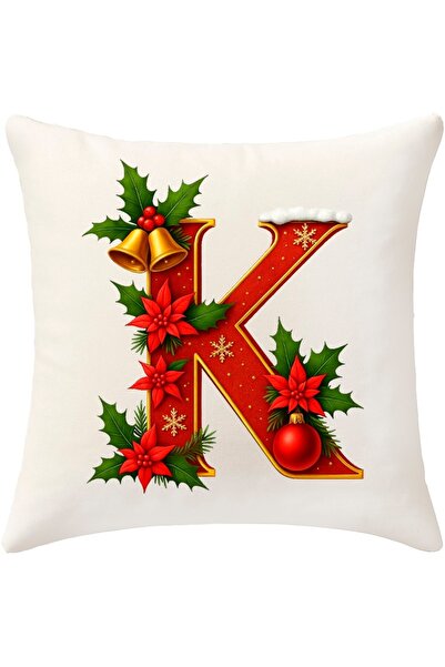MİNOZA Digital Printed Red Letter K Decorative Throw Pillow Cover with Christmas Pine Decoration