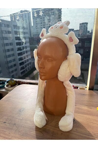Blotch White Color Cute Paw Rabbit Detail Plush Plays Earphones with Figured Ears Playing a Game and Fluffy Sound