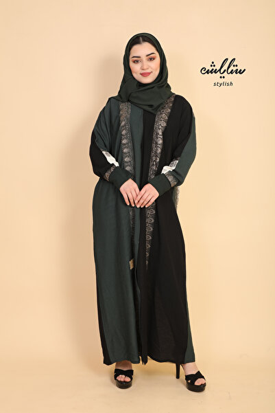 Stylish A black and olive-green wrap abaya decorated with gold embroidery.