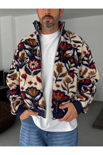 BYBASICMAN Синя плюшева куртка на блискавці з квітковим візерунком TW-7077