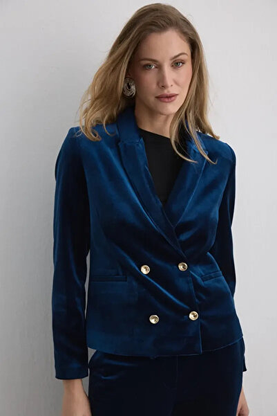 Gusto Double-Breasted Velvet Jacket - Navy Blue
