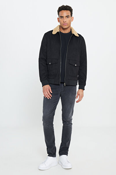 AC&Co / Altınyıldız Classics Black Standard Fit Regular Cut Shirt Collar Suede Look Coat