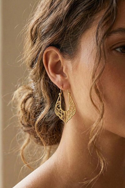 Clandestino Filigree Detailed Drop Form Bohemian Brass Earrings Gold