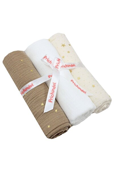 PRICHINDEL Set de 3 scutece din muselină, stele metalice, ivory cu bej, 80 x ...