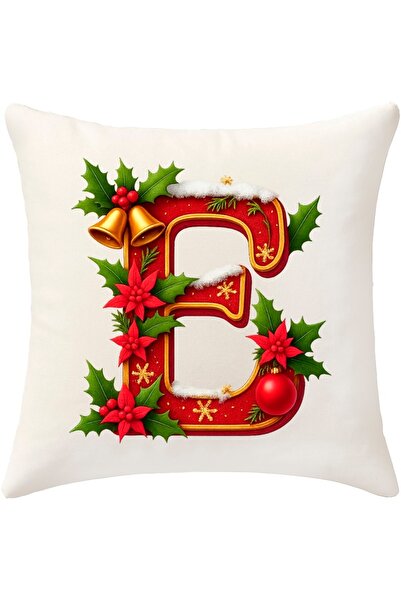 MİNOZA Digital Printed Red Letter E Decorative Throw Pillow Cover with Christmas Pine Decoration