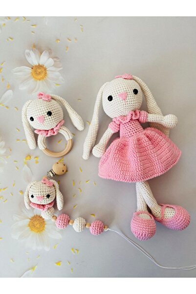 Adenya SEPETİ Uzunkulak Pembe Tavşan Set–Oyun &Uyku Arkadaşı+Diş Kaşıyıcılı Ç...