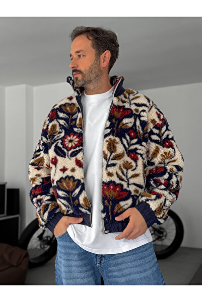 BYBASICMAN Синя плюшева куртка на блискавці з квітковим візерунком TW-7077