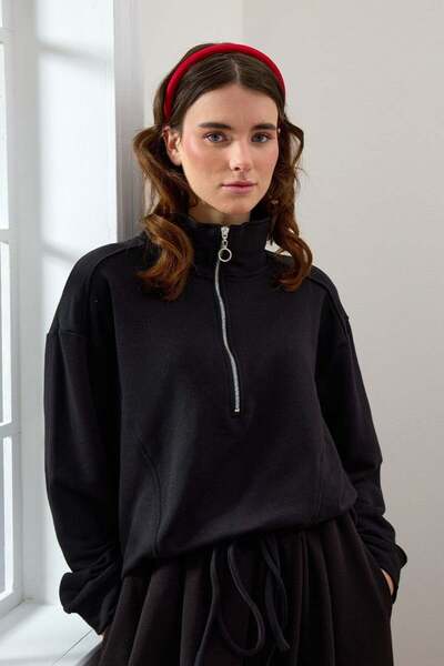 Ceylan Otantik Siyah 3 İplik Yarım Fermuarlı Sweat