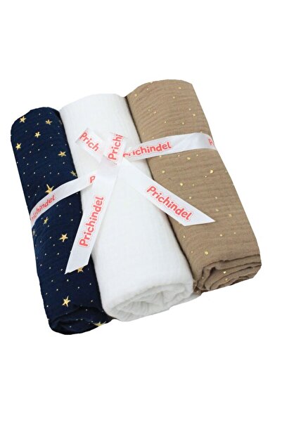 PRICHINDEL Set de 3 scutece de muselină, stele și buline metalice, bleumarin ...