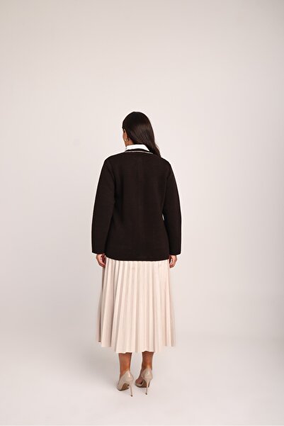 Uludağ Triko Women's Brown Striped Woven Detailed Pocketed Knitwear Knitted Cardigan