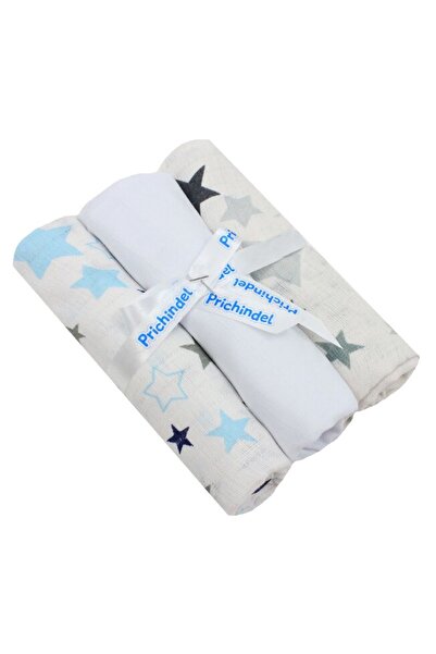 PRICHINDEL Set of 3 muslin swaddles, large grey and blue stars, 75 x 70 cm