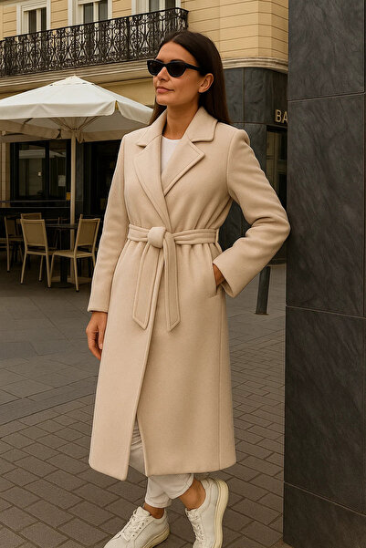 comstar Γυναικείο παλτό Comfort διπλό πέτο Trend Cream Long Cashmere