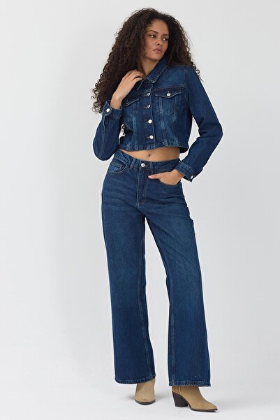 Polo State Women's Navy Blue Crop Denim Jacket Wide Leg Jeans Denim Set