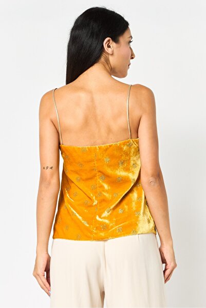 PİNKO Women V Neck Sleeveless Metallic Tank Top, Mustard