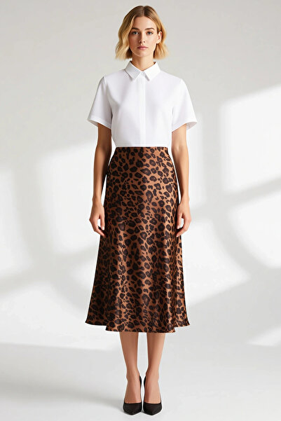 BENERLY Fusta midi din satin cu imprimeu pește pentru femei, cu talie normală...