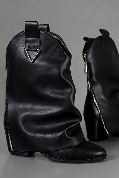 kajal ayakkabı Btkv10 Half Cowboy Boots with Back Zipper Detail