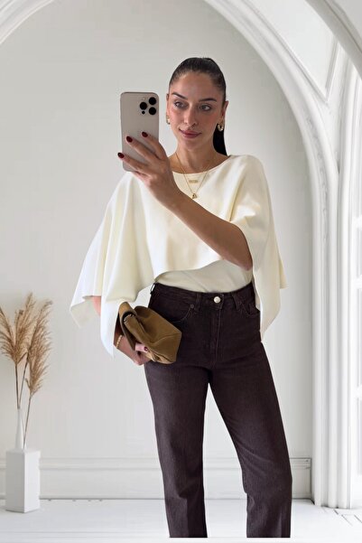 MODAMERSİ Women's Ecru Oversized Cape Model Knitwear Sweater