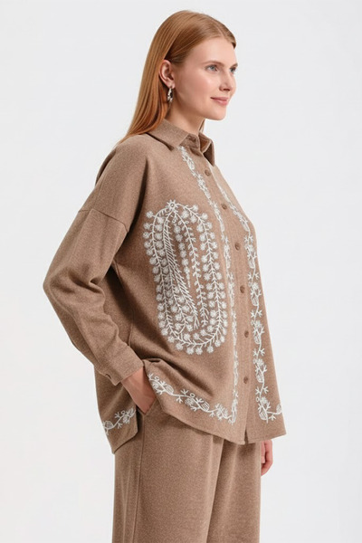 Hatun Atila Embroidered Hera Fabric Double Suit 7671 Light Brown