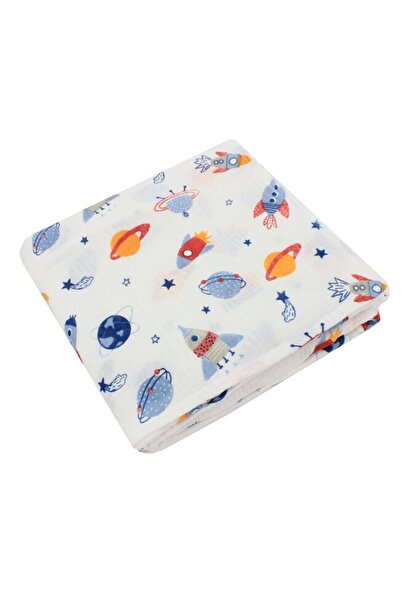 PRICHINDEL Muselină, planete și rachete, albă, 80 x 67 cm